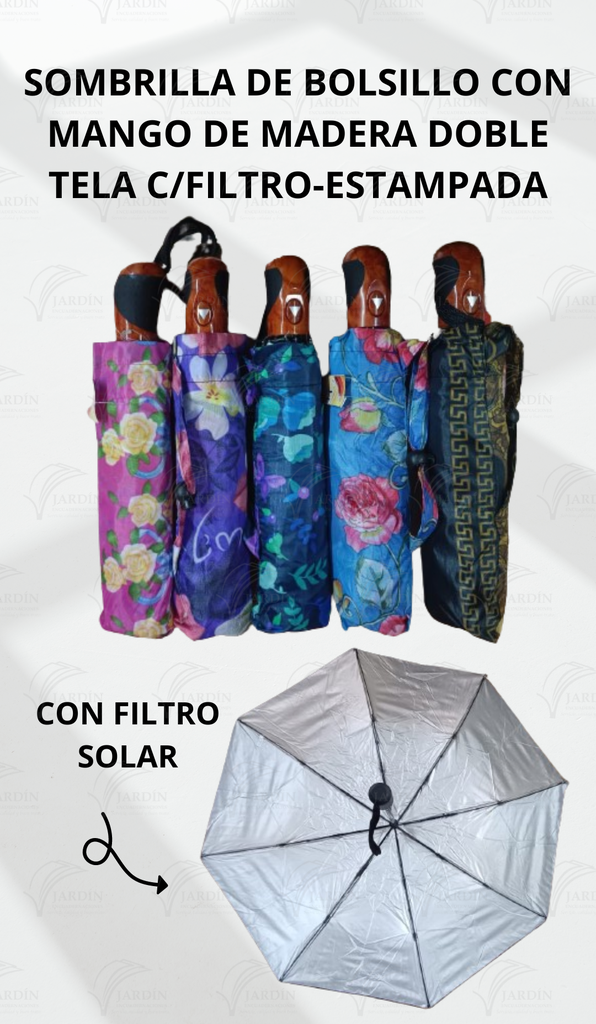 SOMBRILLA DE BOLSILLO CON MANGO DE GOMA C/MADERA DOBLE TELA C/FILTRO