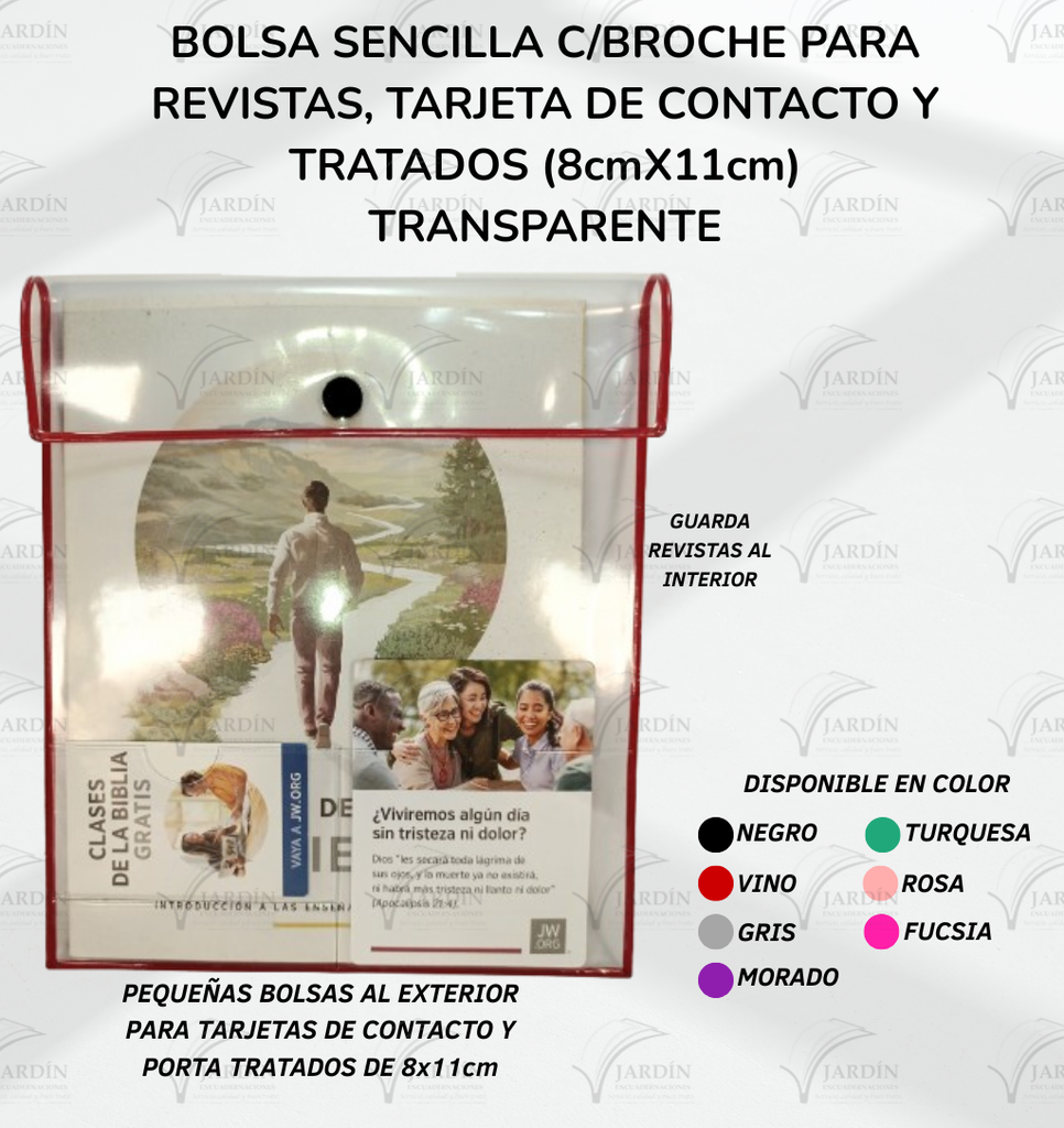 BOLSA SENCILLA C/BROCHE PARA REVISTAS, TARJETA DE CONTACTO Y TRATADOS (8cmX11cm) TRANSPARENTE