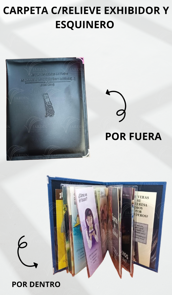 CARPETA C/RELIEVE EXHIBIDOR Y ESQUINERO METÁLICO ACOJINADA COSIDA