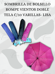 [SOMB-27] SOMBRILLA DE BOLSILLO ROMPE VIENTOS DOBLE TELA C/10 VARILLAS- LISA